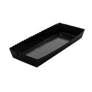 Zwarte rechthoekige kartonnen bakvorm 21x10x3,5 cm met siliconenlaag voor muffins, cakes, quiches en desserts